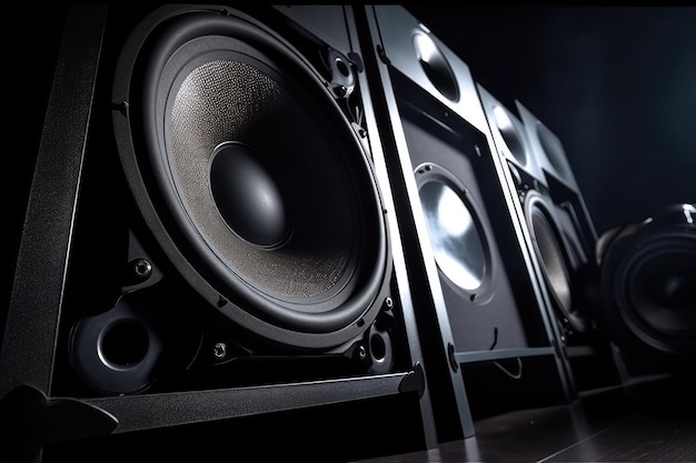 Photo a row of speakers that are on a table