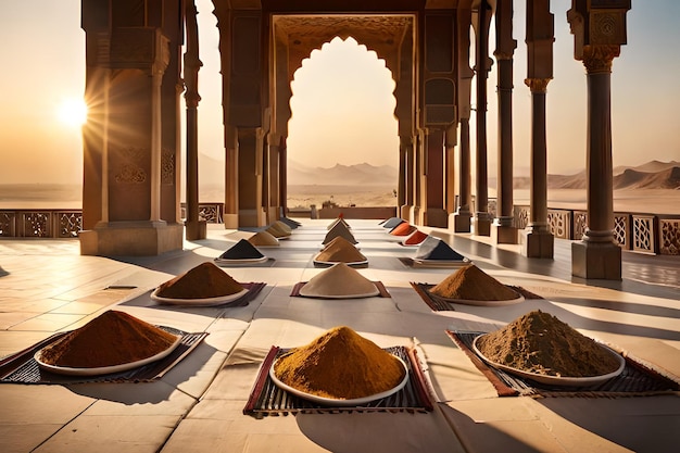 A row of spices in a building with a bridge in the background