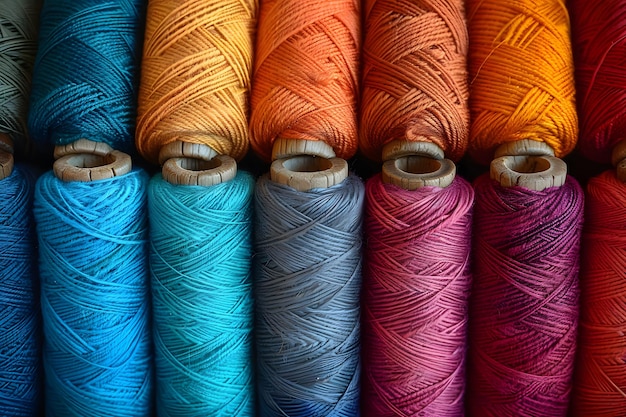 Row of Spools of Multicolored Yarn
