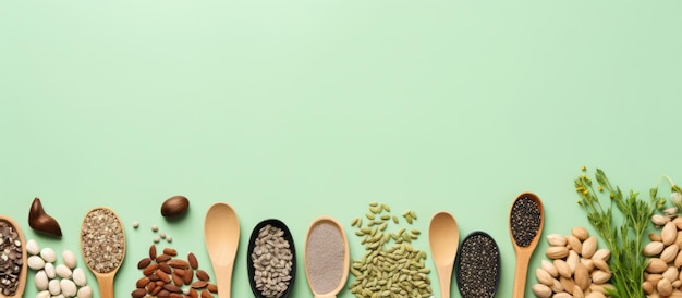 row of spoons filled with various types of seeds on a white background