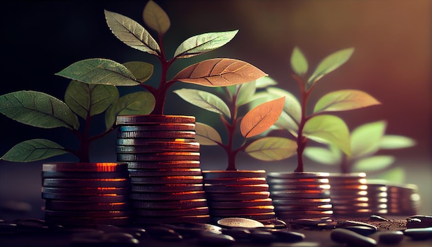 Photo a row of stacks of coins with a plant growing out of them tree leaf on save money coins business finance saving banking investment concept generative ai