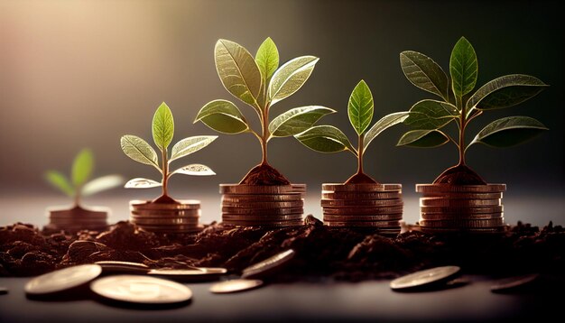 Photo a row of stacks of coins with a plant growing out of them tree leaf on save money coins business finance saving banking investment concept generative ai