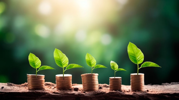 A row of stacks of coins with a plant growing out of them Tree leaf on save money coins Business finance saving banking investment concept Generative AI