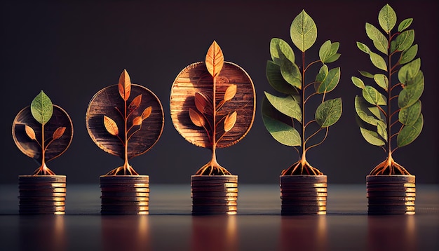 A row of stacks of coins with a plant growing out of them Tree leaf on save money coins Business finance saving banking investment concept