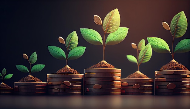 A row of stacks of coins with a plant growing out of them Tree leaf on save money coins Business finance saving banking investment concept