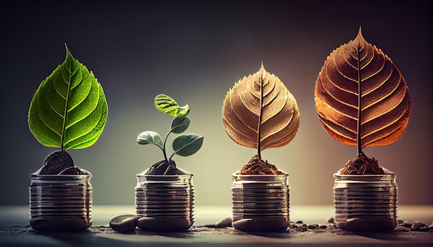그들에서 성장 하는 식물과 동전의 스택 행 저장 돈 동전에 나무 잎 비즈니스 금융 저축 은행 투자 개념