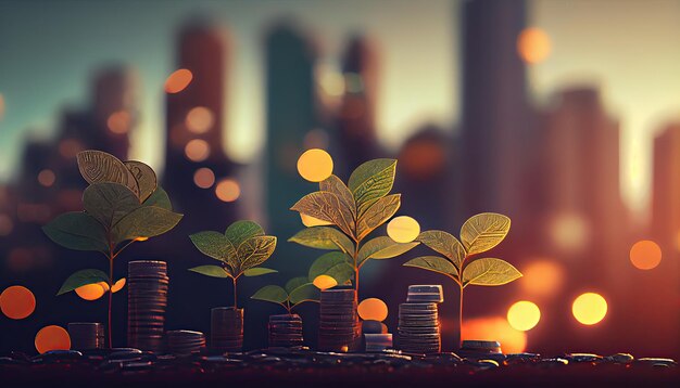 A row of stacks of coins with a plant growing out of them Tree leaf on save money coins Business finance saving banking investment concept