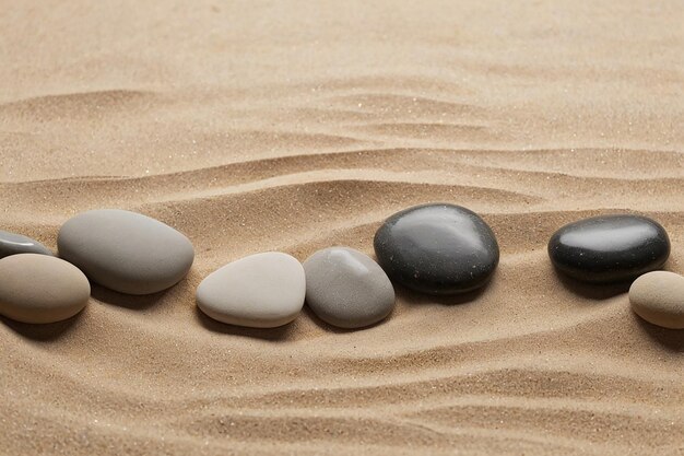 a row of stones in the sand with a row of grey stones