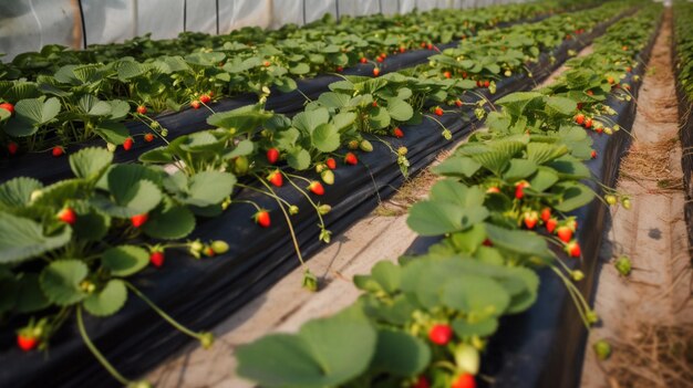 A row of strawberries in a greenhouse