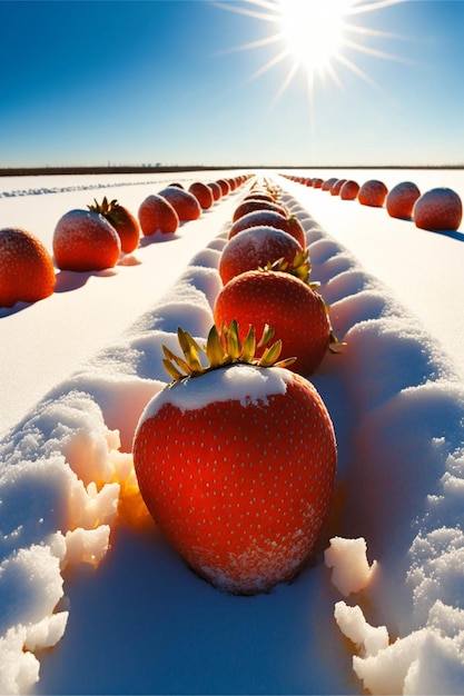 Row of strawberries sitting on top of snow covered ground generative ai