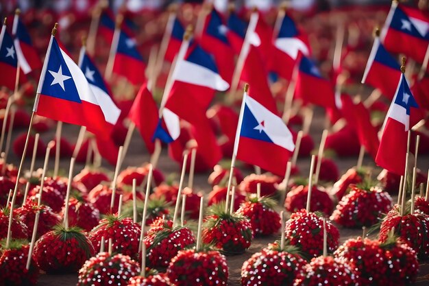 A row of strawberries with the flag on them