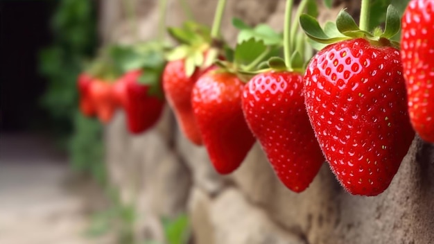 A row of strawberries with the word strawberry on the top