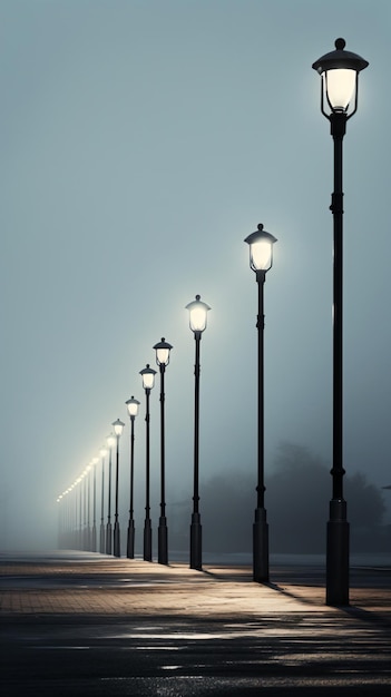 a row of street lights on a sidewalk