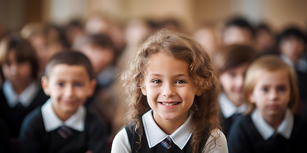 A row of students with a pretty girl in front at a school lesson in the classroom