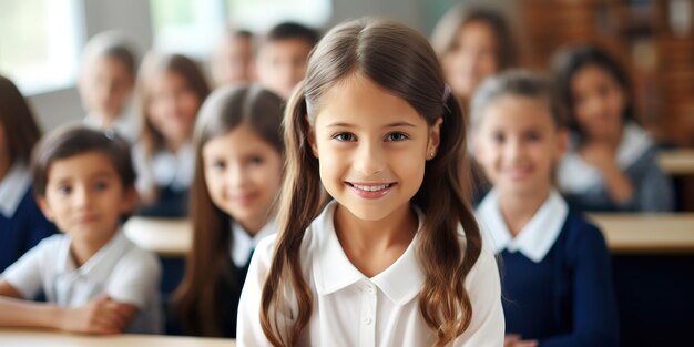 A row of students with a pretty girl in front at a school lesson in the classroom