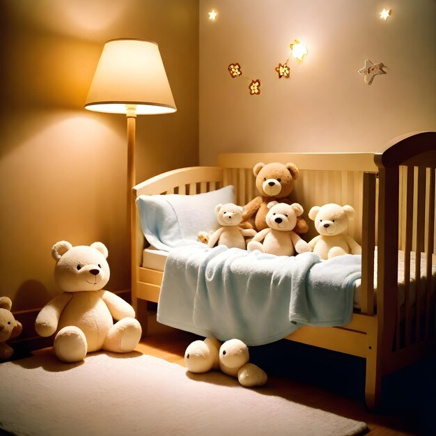 a row of stuffed bears are on a bed with a lamp shade