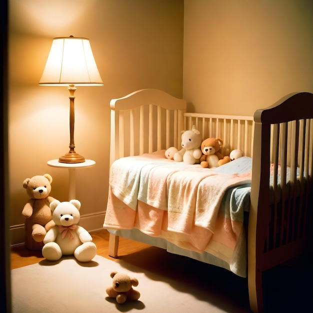 a row of stuffed bears are on a bed with a lamp shade