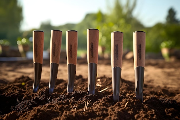 A row of sturdy garden hoes