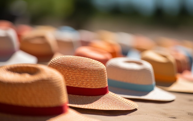 A row of stylish hats resting delicately on a wooden table