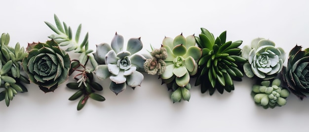 A row of succulents on a white background