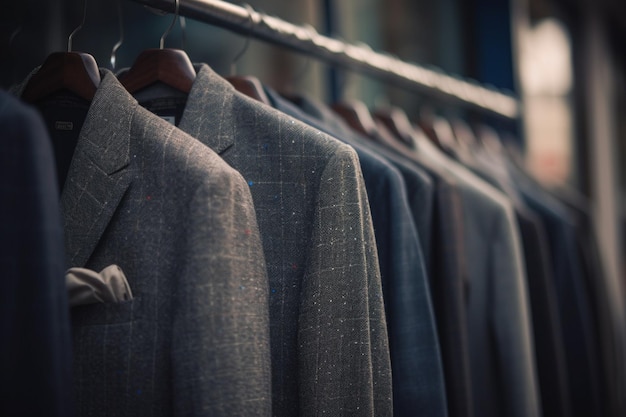 A row of suits on hangers with one of them that says'the suit is blue '