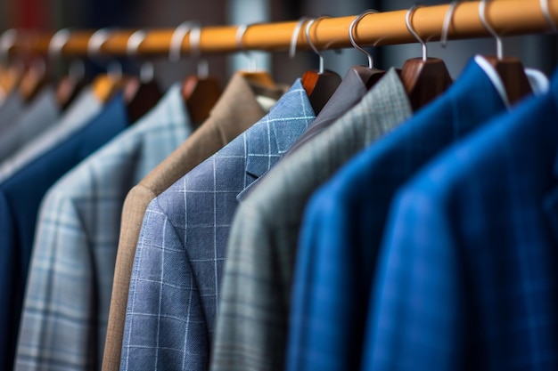 A row of suits hanging on a rack