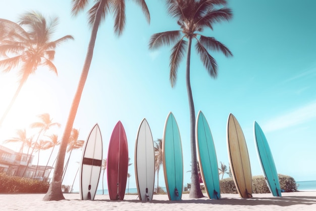 Row of surfboards on beach Generate Ai