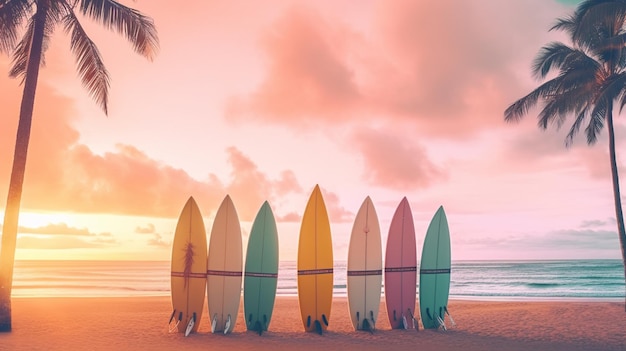 A row of surfboards on a beach with a palm tree in the background