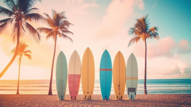 A row of surfboards on a beach with palm trees in the background