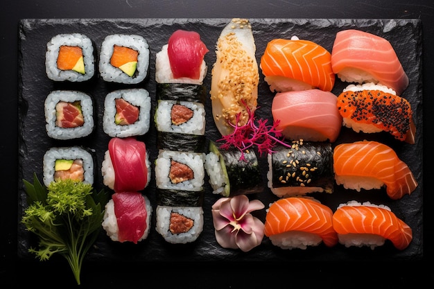 Row of sushi rolls japanese food on white background