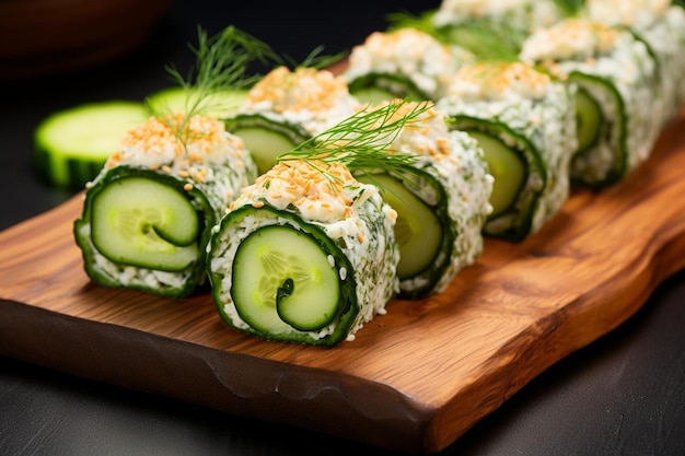 a row of sushi rolls with cucumber on top of it