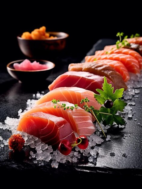 A row of sushi on a table with ice and a bowl of fruit.