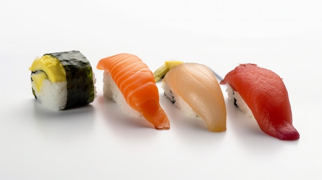 A row of sushi on a white background