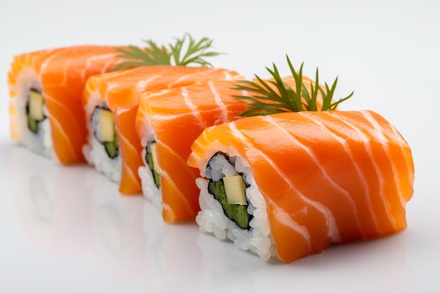 A row of sushi with salmon on it