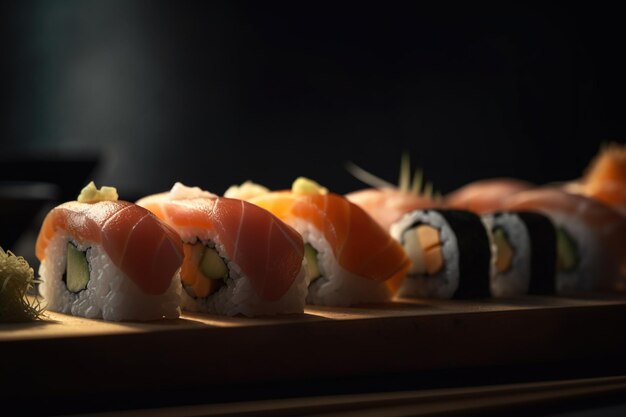 A row of sushi on a wooden tray