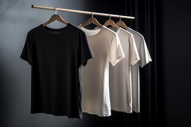 A row of t - shirts are hanging on a hanger with one of them is black and white.