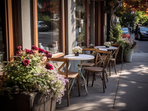 A row of tables outside a restaurant with flowers on the sidewalk