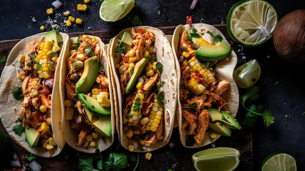 A row of tacos with avocado on top