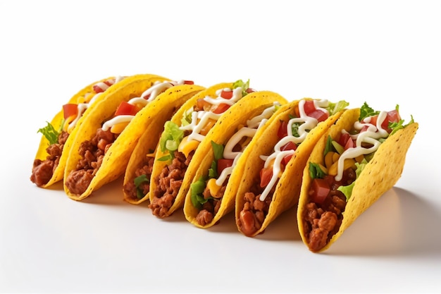 a row of tacos with beans and lettuce