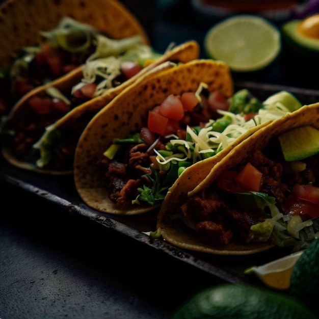 A row of tacos with a lime on the side