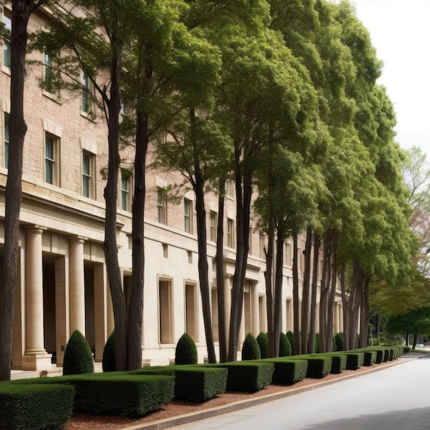 A row of tall trees in front of a building generative ai