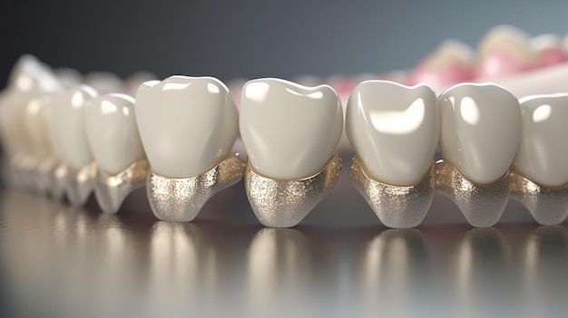 A row of teeth with gold foil on them and the word tooth on the top.