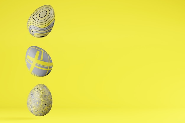 유행 색상 2021 조명 및 궁극적 인 회색, 복사본 공간에서 세 부활절 달걀의 행. 3D 렌더링