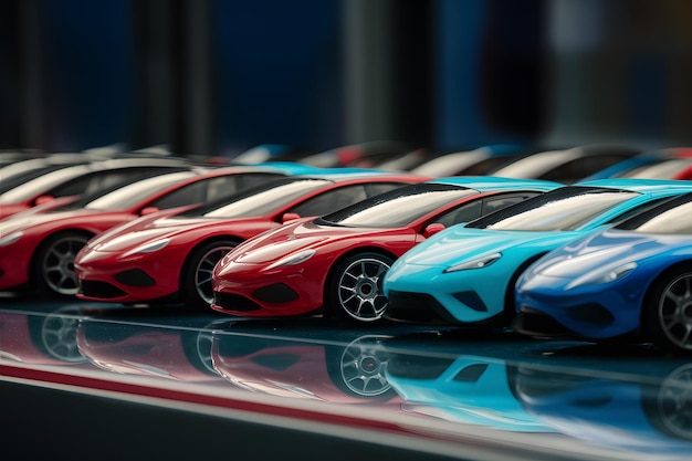 Row of toy cars created with technology sitting next to each other