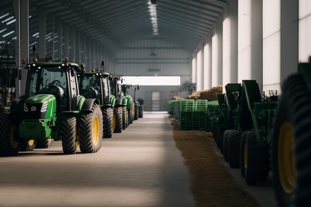 a row of tractors in barn a farming operation representing agriculture and food production