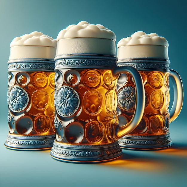 Photo a row of traditional beer steins filled with frothy brew isolated on a plain oktoberfest blue backg