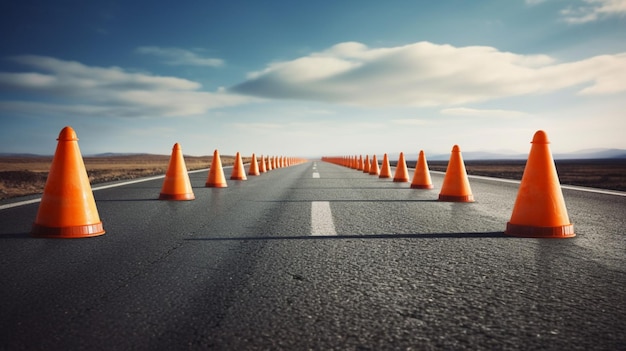 Row of traffic cones on a long empty road