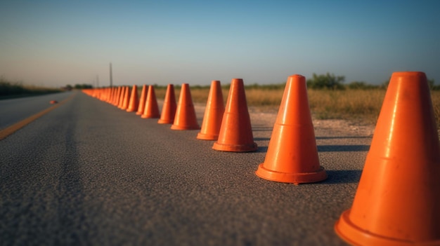 Row of traffic cones on a long empty road