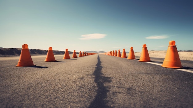 Row of traffic cones on a long empty road