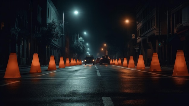 A row of traffic cones in the middle of a dark